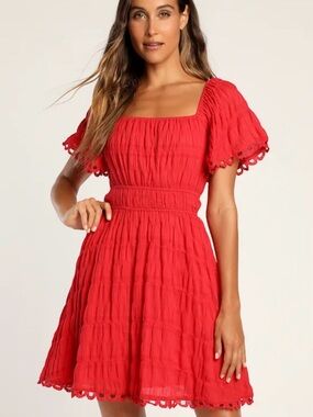 Lulus Cute in Cancun Red Smocked Lace-Up Open Back Mini Dress XL